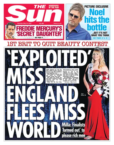 Sun front page with headline "'Exploited' Miss England Flees Miss World". It features pic of Magee with a sash, bouquet and tiara after winning miss England.