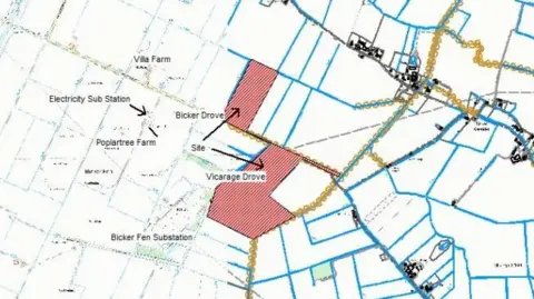 Boston Borough Council A map which is colour-coded with arrows and different areas in black text. It shows two red shaded out areas of Bicker Drove and Vicarage Drove where the site would be built.