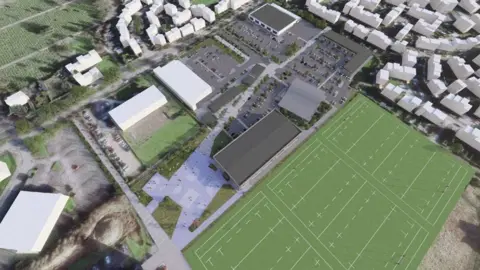 Artist impression of the new site showing the three rugby pitches and the buildings in the retail park