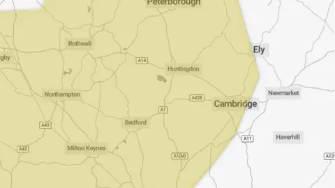 Met Office Map shows a large section of yellow for affected areas.