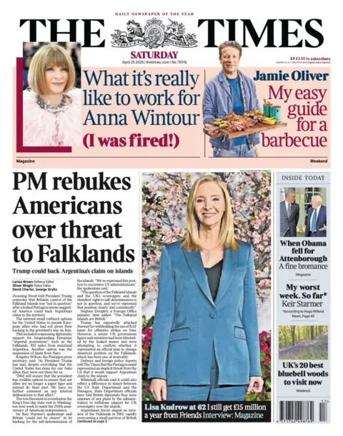 The headline on the front page of the Times reads: “PM rebukes American over threat to Falklands”.