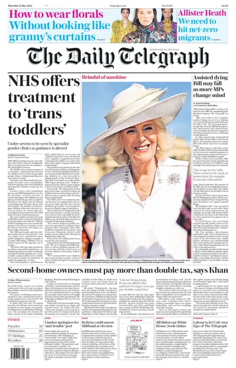 The headline on the front page of The Daily Telegraph reads: "NHS offers treatment to 'trans toddlers'".