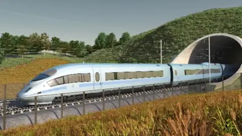 HS2 A silver-coloured train coming out of a tunnel with grass growing over the top. There are grasses and a fence in the foreground.