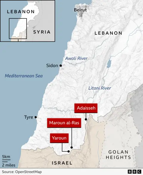 A representation  showing confederate  Lebanon, labelling Adaisseh, Yaroun and Maroun al-Ras, 2  Lebanese villages adjacent  to the borderline  with Israel, and showing the Litani River conscionable  northbound  of Tyre and the Awali River conscionable  northbound  of Sidon. 