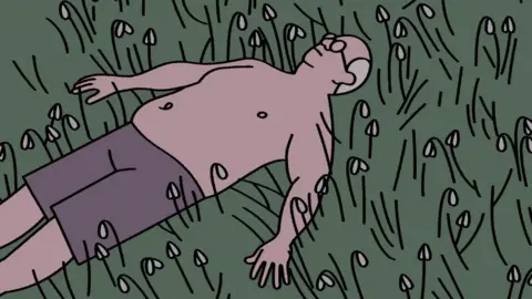 An illustration shows a person lying flat on their back in a field of tall, thin grass with small mushroom‑like plants scattered throughout. The person is wearing shorts and is positioned with arms relaxed at their sides, surrounded by dense greenery.