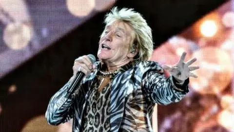 Rod Stewart performing on stage