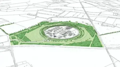 Anglian Water Artists impression of a new sewage works. A circular facility is drawn in white with the surrounding countryside area in green. 