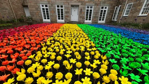 A wide shot of the display. There are straight strips of the flowers in different colours. Red, orange, yellow, green, green, blue, and purple.