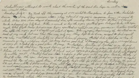 IWM Duxford A sepia yellow page written in black ink in curling but clear handwriting. It is an account written by Lonnie Moseley about the events of 4 July 1944. 