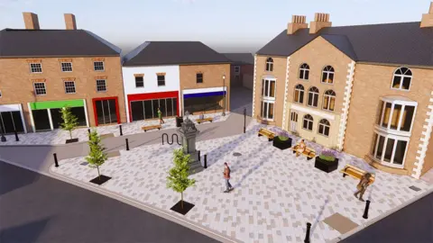 An artist impression of the new square showing white and brown tiles, benches and trees surrounding the Jubilee monument 