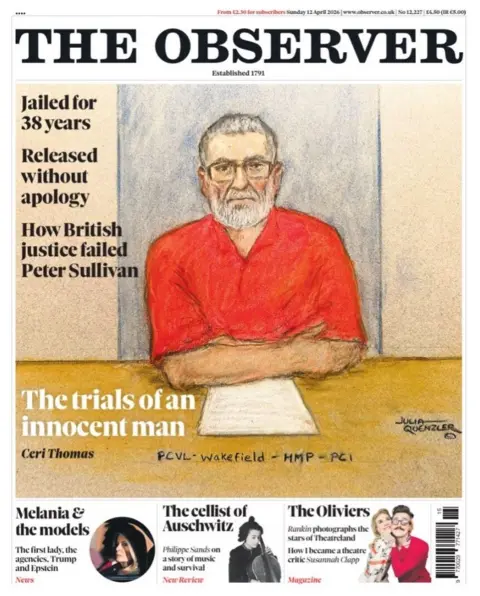 The headline on the front page of the Observer reads: "Jailed for 38 years."