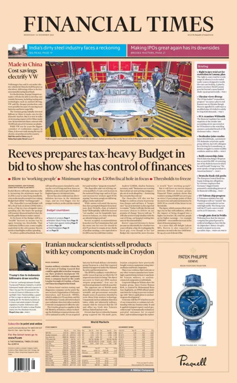"Reeves prepares tax-heavy Budget in bid to show she has control of finances," reads the headline on the front page of the Financial Times.
