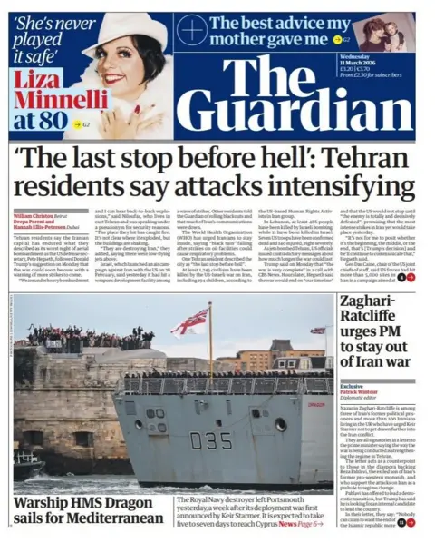  Tehran residents say attacks intensifying," reads the headline on the front page of the Guardian.
