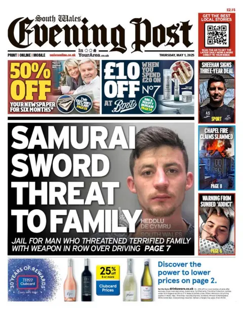 South Wales Evening Post Front page of South Wales Evening Post. Main headline reads: Samurai sword threat to family: Jail for man who threatened terrified family with weapon in row over driving. Other headlines read: Chapel fire claims slammed. Warning from sunbed 'addict'. 