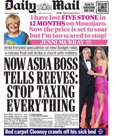 Daily Mail front page with headline: "NOW ASDA BOSS TELLS REEVES: STOP TAXING EVERYTHING"