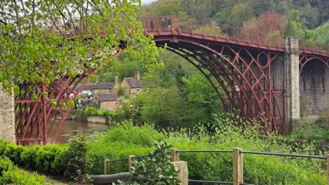 A red iron bridge overlooking a river with lots of bushes and overhanging trees