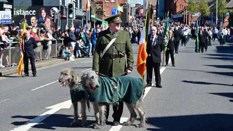 Pacemaker A man in a green military uniform with two Irish wolfhounds at the front of a group marching through a street. The large gathering in the street are carrying a variety of flags.