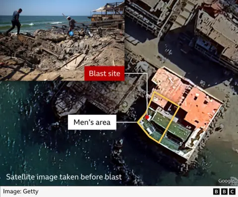 Getty, Google A composite image featuring a satellite view and a photo to show the location of al-Baqa cafeteria in Gaza City. The satellite image, taken before the explosion, features a yellow outline marking the men's area, labeled in white. A red label indicates the blast site, with an inset photo showing two men inspecting the resulting crater on the beachfront. Image is credited to Getty.