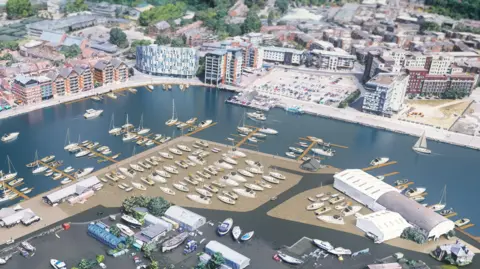 Associated British Ports A CGI image of proposed plans and upgrades to Ipswich Marina. It shows the plans from above and animated boats can be seen moored up. Other animated versions of Ipswich buildings in the area can be seen on the waterfront.