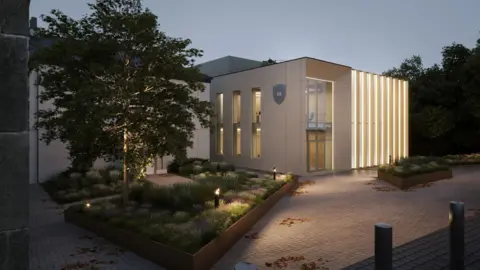 University of Sheffield An artist's impression on the expanded Sheffield Institute for Translational Neuroscience. The new two-storey building, made of a sand coloured stone and glass, is situated at the end of a paved area surrounded by flower beds and trees.