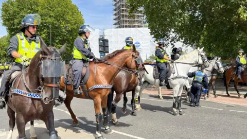 A row of several mounted police officers stretching across a road - scaffolding and trees can be seen behind them. The horses all have their own visors over their eyes and wear a strip of blue and white across their chests. The officers riding them all have helmets with visors and high-viz on.