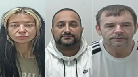 Police handout Custody images (left to right) of Shannon Hilton, Dalbir Sandhu and Jason Gerrand.
