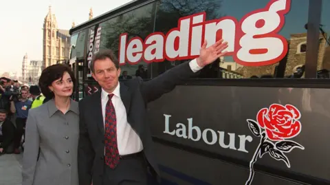 PA Tony Blair and his wife, Cherie, are pictured successful  Westminster stood successful  beforehand   of a ample  grey bus. Tony Blair is holding his limb  up   signalling towards the autobus  which is inscribed with 'leading Labour' connected  the broadside  of it, on  with a reddish  roseate  that is the Labour Party's emblem.