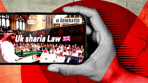 A composite graphic shows a hand holding a phone with an AI-generated image of a man in traditional Islamic clothing, including a red-and-white headdress, addressing the UK Parliament, with several others in similar clothing sitting on the green benches. The video has a caption saying "UK Sharia Law".