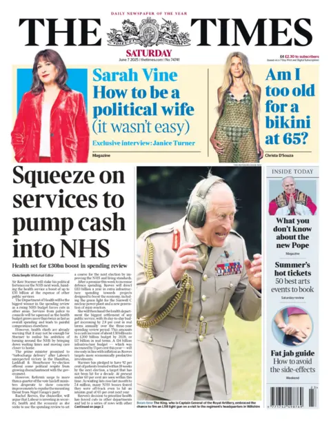 THE TIMES The headline of The Times reads 'Squeeze on services to pump cash into NHS'