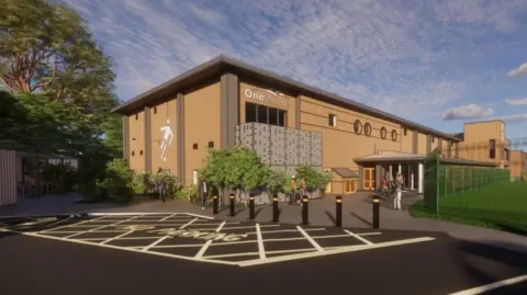 Artist's impression of what the new facility could look like. It shows a building with a flat roof and sign which reads "one leisure". In front of it is a tarmac car park with a hatched "no parking" area. 