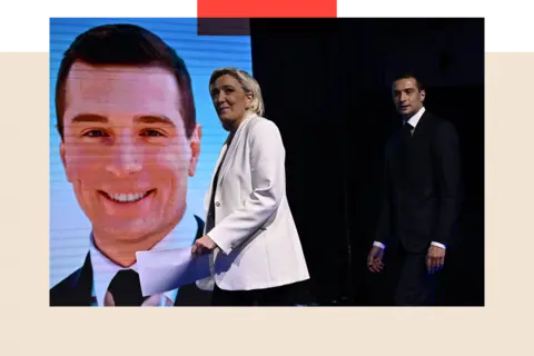 Marine Le Pen and Jordan Bardella walk on stage