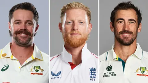 A split graphic of Travis Head (left), Ben Stokes (centre) and Mitchell Starc (right)