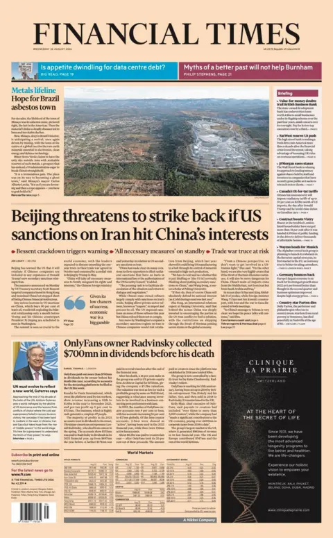The headline on the front page of the Financial Times reads: "Beijing threatens to strike back if US sanctions on Iran hit China's interest."