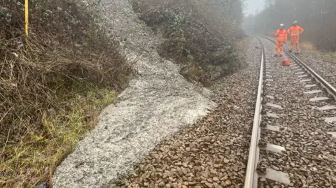 Network Rail Two workers in bright orange PPE standing on a railway track next to a landslide 