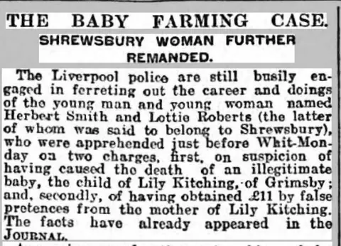 Wellington Journal A black and white article scan. the headline is "The baby farming case, shrewsbury woman further remanded".