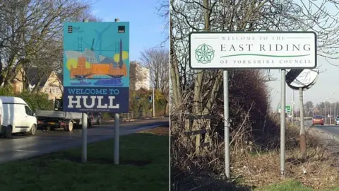 Two photos side by side. One shows a large blue sign saying "welcome to Hull", with a montage image showing various Hull landmarks, on an urban street. The other shows a white sign reading "welcome to the East Riding of Yorkshire", with a Yorkshire rose logo, on a grass verge by the side of a country road.