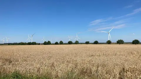 Wind turbines behind a field