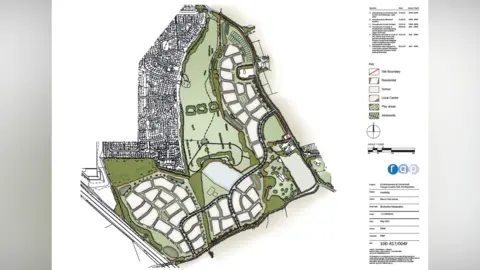 Manor Oak Homes A illustration of a map of new development from an aerial viewpoint. The map includes housing, green spaces and a body of water. 