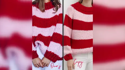 A second comparison image showing one of Aston's designs and another copycat design. The designs are again near identical and both have thick horizontal stripes in dark pink and light pink.