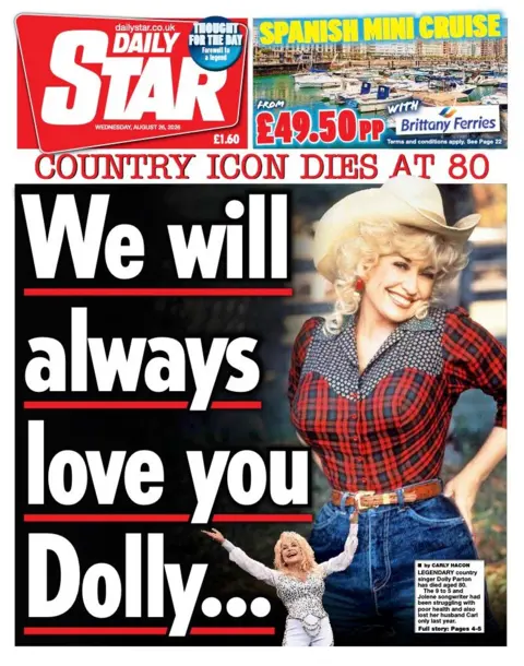 The headline on the front page of the Daily Star reads: "We will always love you Dolly."