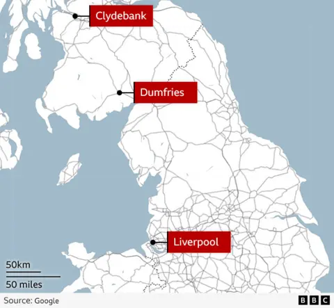 Map showing Dumfries in relation to Liverpool and Clydebank