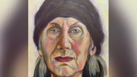 Janice Rider Janice Rider's painting is called Indistinct Vision and a large, close-up painting of an older woman's face with a hat on with shoulder length hair. Her face has a ruddy complexion, and dark red lips and blue eyes.