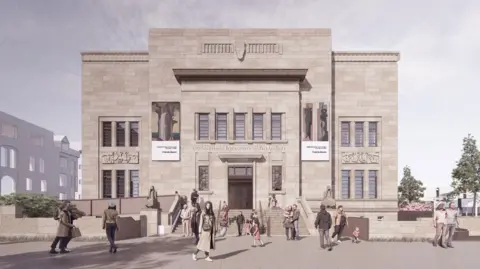 An artist's impression of how Huddersfield museum and art gallery could look. A square building with steps up to it and lots of rectangular windows, with people milling about outside.