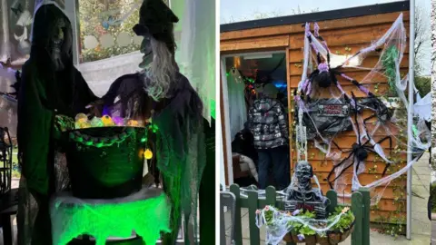 Two images show the Halloween decorations at the nursing home. To the left are two spirits wearing black cloaks and holding a black vessel filled with neon balls. To the right, a brown shack is full of spiders and cobwebs climbing the building. 