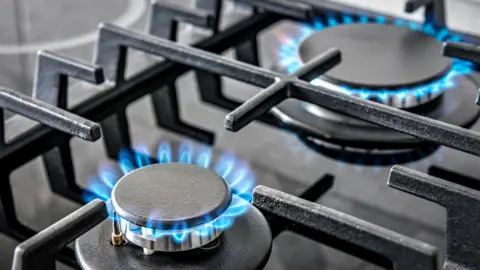 Getty Two gas black stoves with two blue flames. 