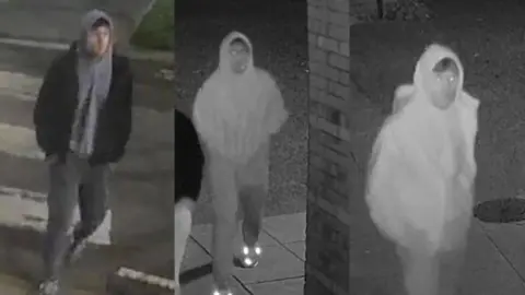Three CCTV images side by side show a man in a grey hoody, trousers and trainers. He has his hood up. In the first image he has a black coat on. He has dark brown, possibly black hair peeping through his hood. One image shows him wearing glasses and two without.