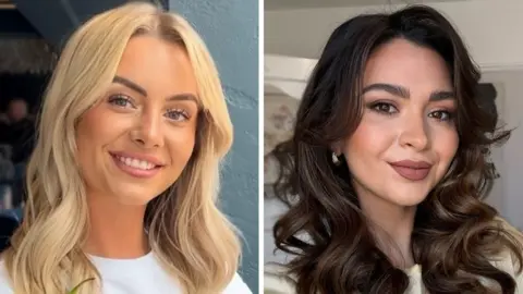 Chloe Cavanagh / Elena Morris Two photos of women next to each other - one blonde with a white top, one brunette with a white top, both smiling at the camera