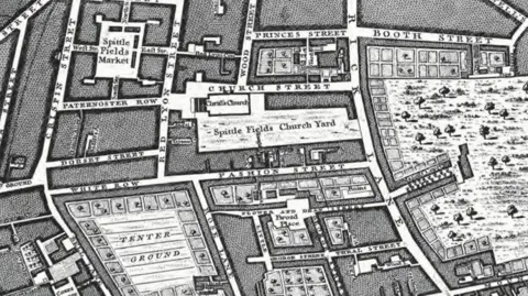 British Library detailed map in black and white showing Spittle Fields [sic] and environs
