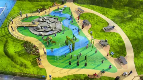 An artist's impression showing an aerial view of a splash pad at a park. There are pathways around the brightly coloured play area, with a central rock feature as well as various fountains and pieces of play equipment.