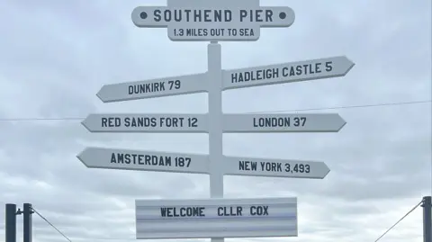 Southend-on-Sea City Council A white signpost with six different branches outlining how fair certain locations are including America and Hadleigh Castle 